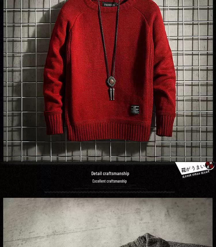 Men's Retro Korean Style Knit Pullover: Warm, Thickened, Round Neck, Long Sleeve for Autumn and Winter.