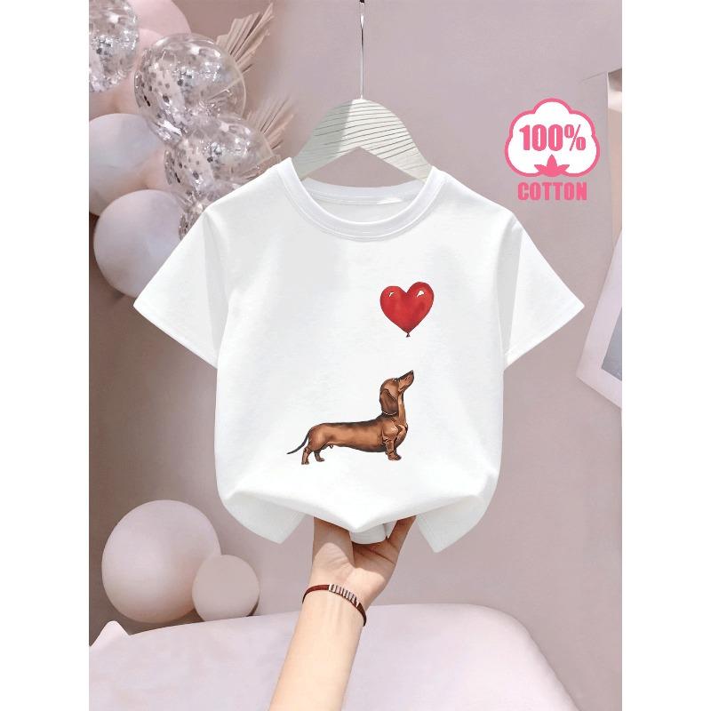 European sizes Girl's T-shirt with "Cartoon Dachshund and Heart Balloon" Print, Short Sleeve, Crew Neck, Cotton.