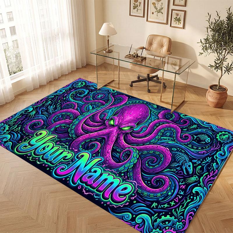 Octopus Sea Life Theme Crystal Velvet Floor Rug Personalized Custom Name Text Warm Carpet Home Decoration