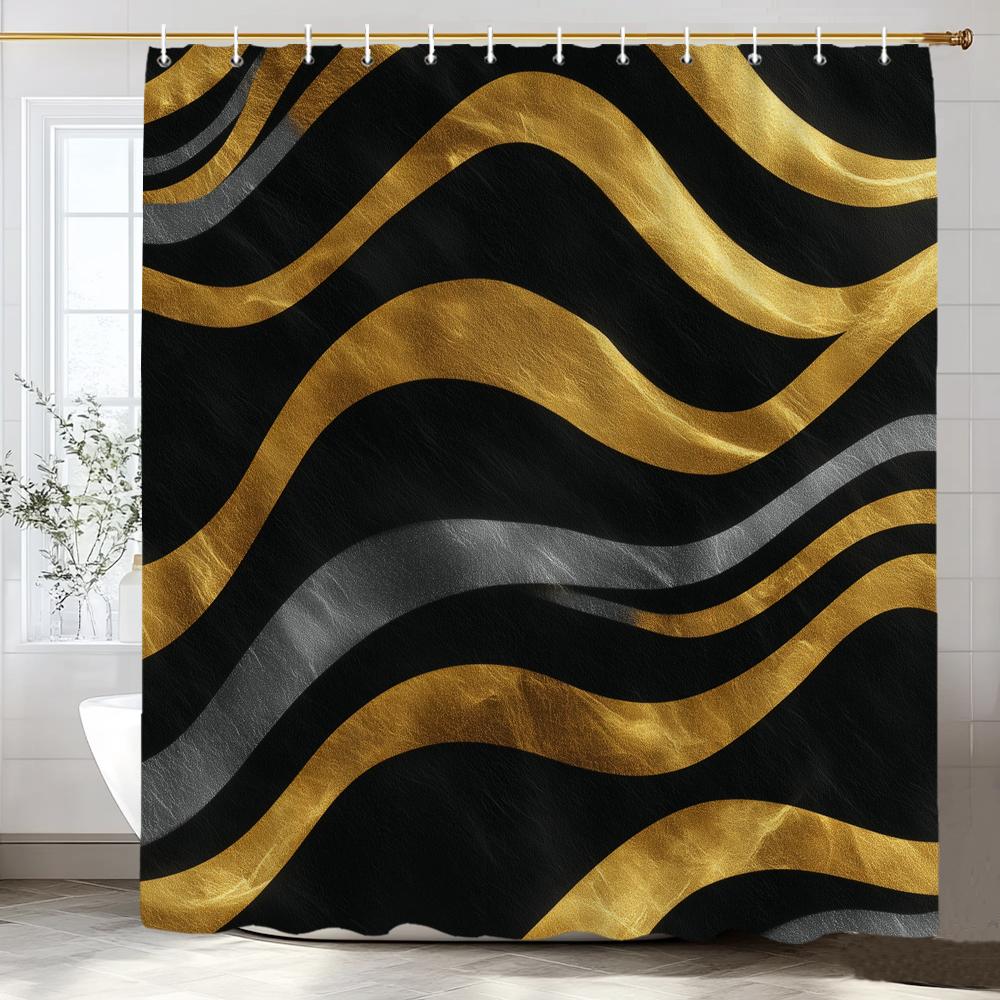 Black Wave Line Geometric Modern Minimalist Art Shower Curtain Printed Fabric Bathroom Decorative Shower Curtain With Hooks