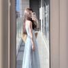 French Blue Square Neck Suspender Dress Women's Summer Vacation Dress Slim Waist Skirt Gentle Wind Fluffy Long Dress