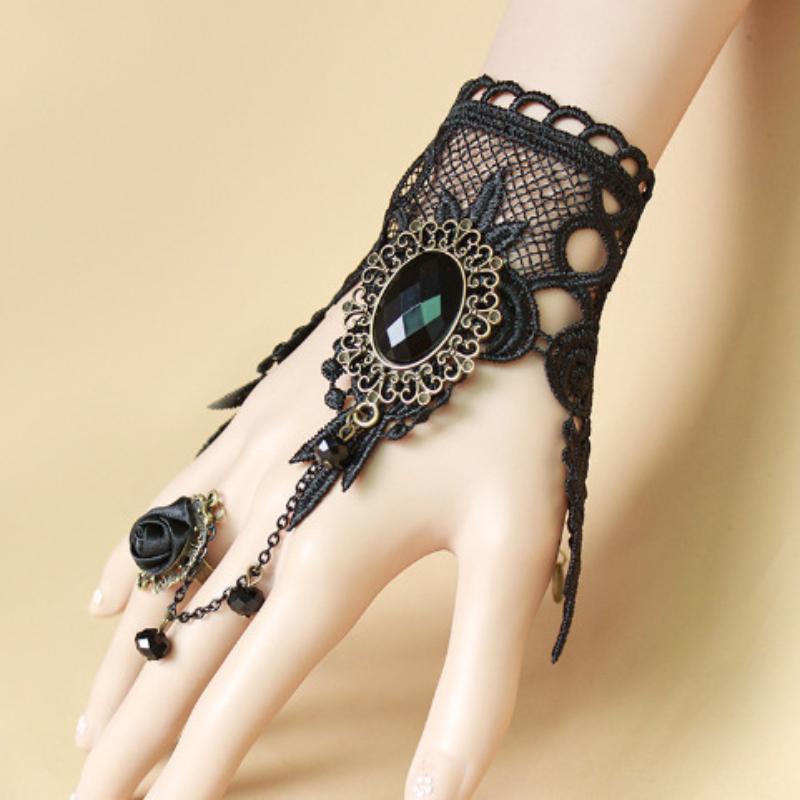 Nueva y elegante pulsera de encaje estilo gótico con rosa roja y anillo ajustable.