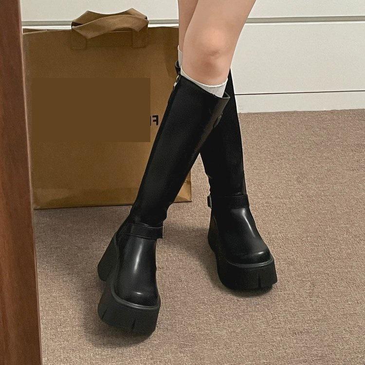New French black platform boots autumn retro small fat mm thin and heightened knight boots