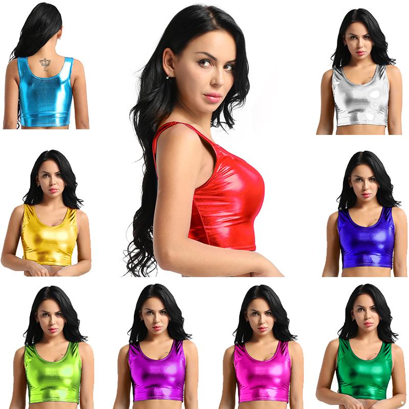 

Жіноча танцювальна безрукавка з жилеткою Блискучий металевий укорочений топ із круглим вирізом для жіночого клубного одягу One Size червоний