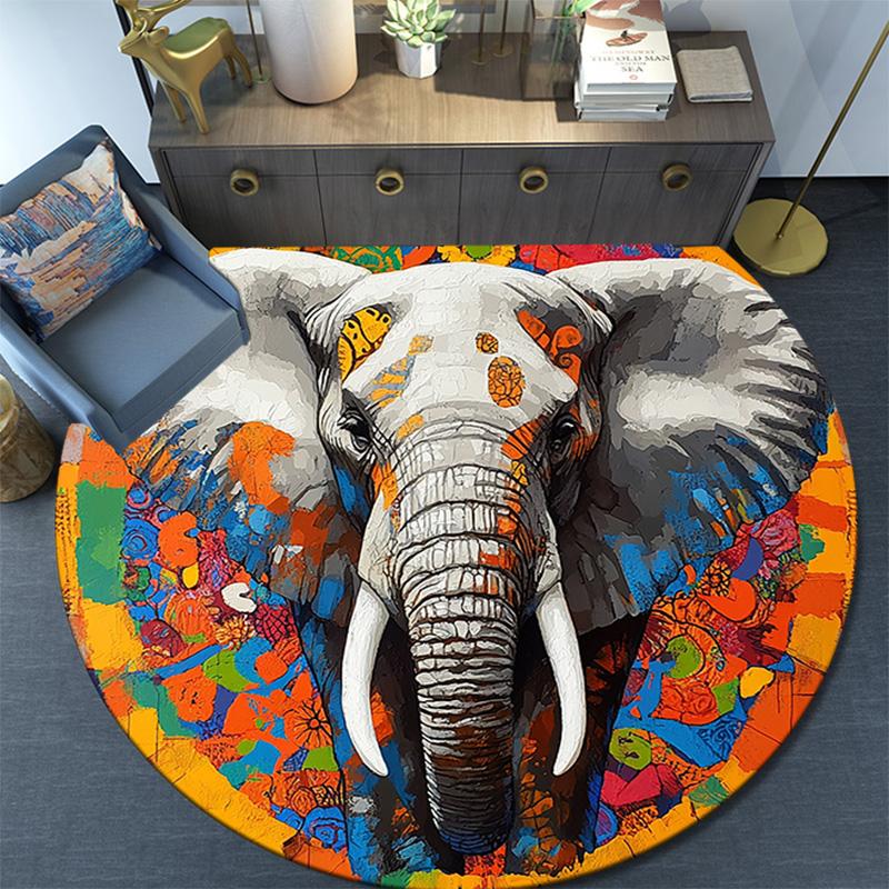 Elephant Mandala Round Area Rug,Carpet Rug for Living Room Bedroom Sofa Playroom Decor,Non-slip Floor Mat