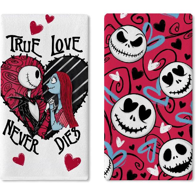 Jack Kitchen Dish Towels Set of 2, True Love Never Dies Sally Hearts Drying Hand Towels Baking Cooking Cloth, Anniversary Wedding Home Kitchen True Love Never Dies