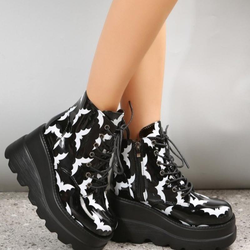 New Women's Boots Sponge Cake Thick Soled Patent Leather Short Boots Women's Printed Bat Ankle Boots Plus Size 35-43