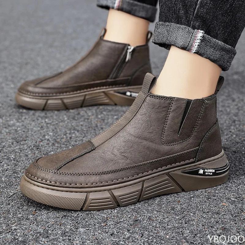 New Solid Color Round Headed Mid Zip Quality Men's Boots Casual Fashionable Versatile Men's Flat Bottomed Workwear Boots