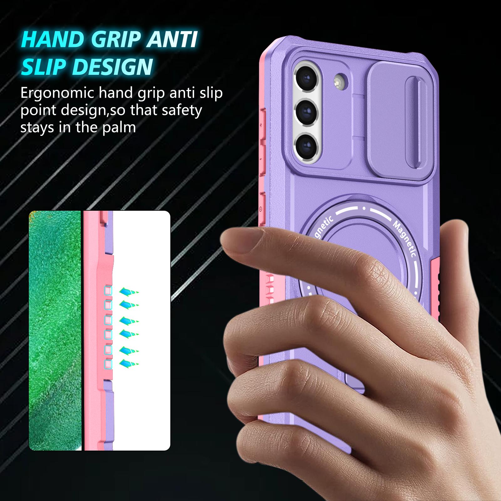

For Samsung Galaxy S21 FE 5G Case PC+TPU Magnetic Phone Shell with Slide Camera Cover Pink/Purple