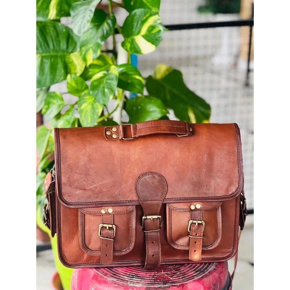 

Мужская винтажная сумка-портфель через плечо из вощеной кожи ручной работы для ноутбука 16 x 12 x 5 in