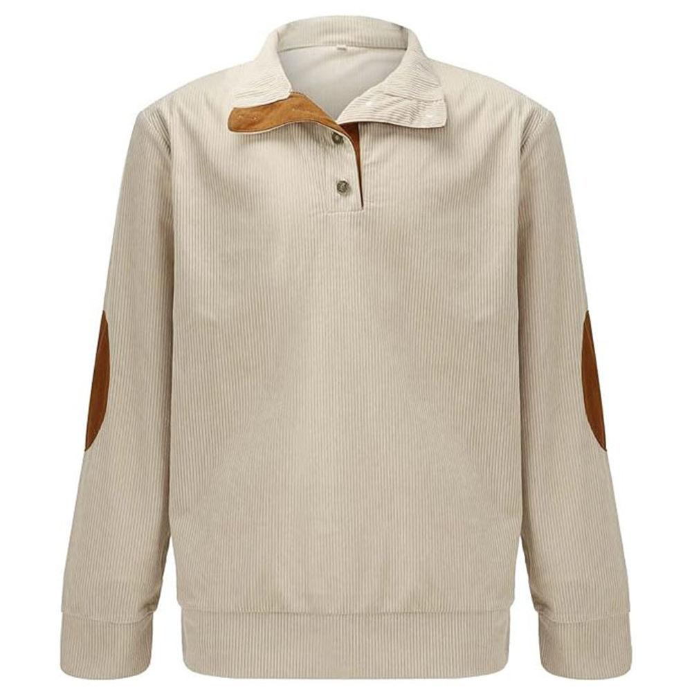 Men's Waffle Sweatshirt Patched Elbow Shoulder Long Sleeve Lapel Button Down Plaid Outdoor Casual Pullover Top