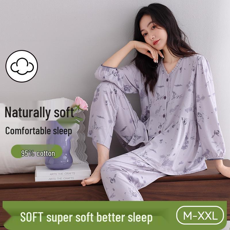 Women's 2025 Summer/Fall Long Sleeve Cotton Pajama Set - Plus Size