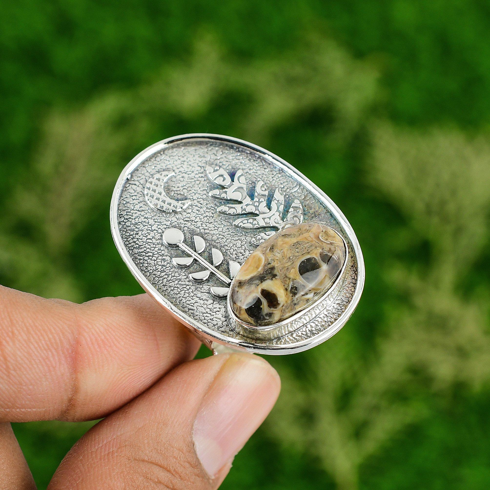 

Natural Turritella Agate Gemstone Statement Adjustable Ring 925 Sterling Silver Adjustable