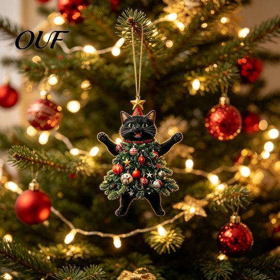 Indoor Holiday Ornaments 2Pcs Christmas Cat Acrylic Ornament, 2D Flat Kitty Hanging Pendant with Durable Santa Hat Tree Decor, Car Rearview