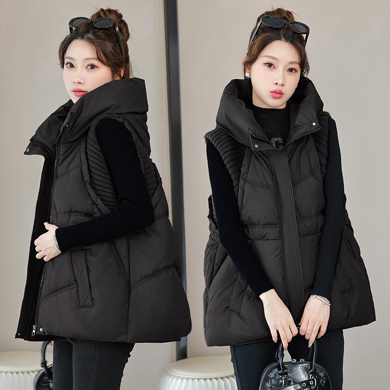 New Women's Clothing Solid Color Zipper Pocket Cotton Clothing Vest Fashion Hooded Temperament Commuter Jacket