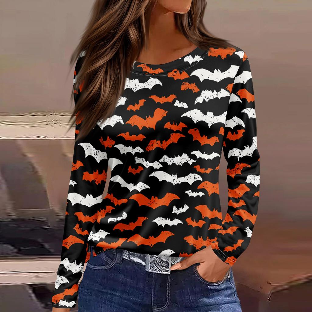 Damenmode Saumschlitz Lässig Halloween-Print Rundhals Langarm Oberteil