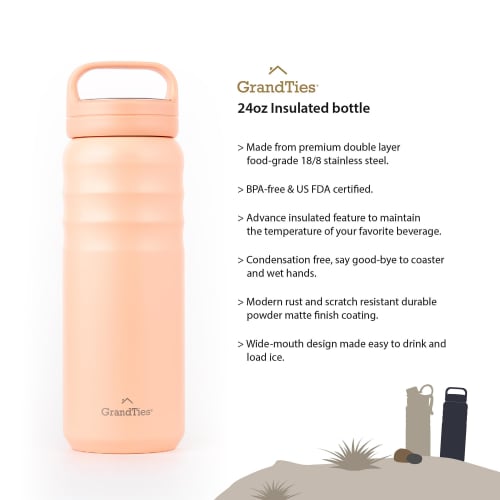 GRANDTIES Vacuum Insulated Stainless Steel Wide Mouth Water Bottle, 709ml, with Two Lids, Direct Drinking, Keeps Hot or Cold Water Hot for 12 Hours, K