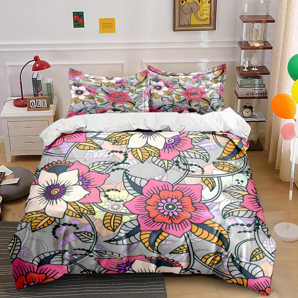 Colorful Floral Decorative Pattern Print Bedding Set 1 Duvet Cover 2 Pillowcases For Adult And Children Luxury Gift Full Size