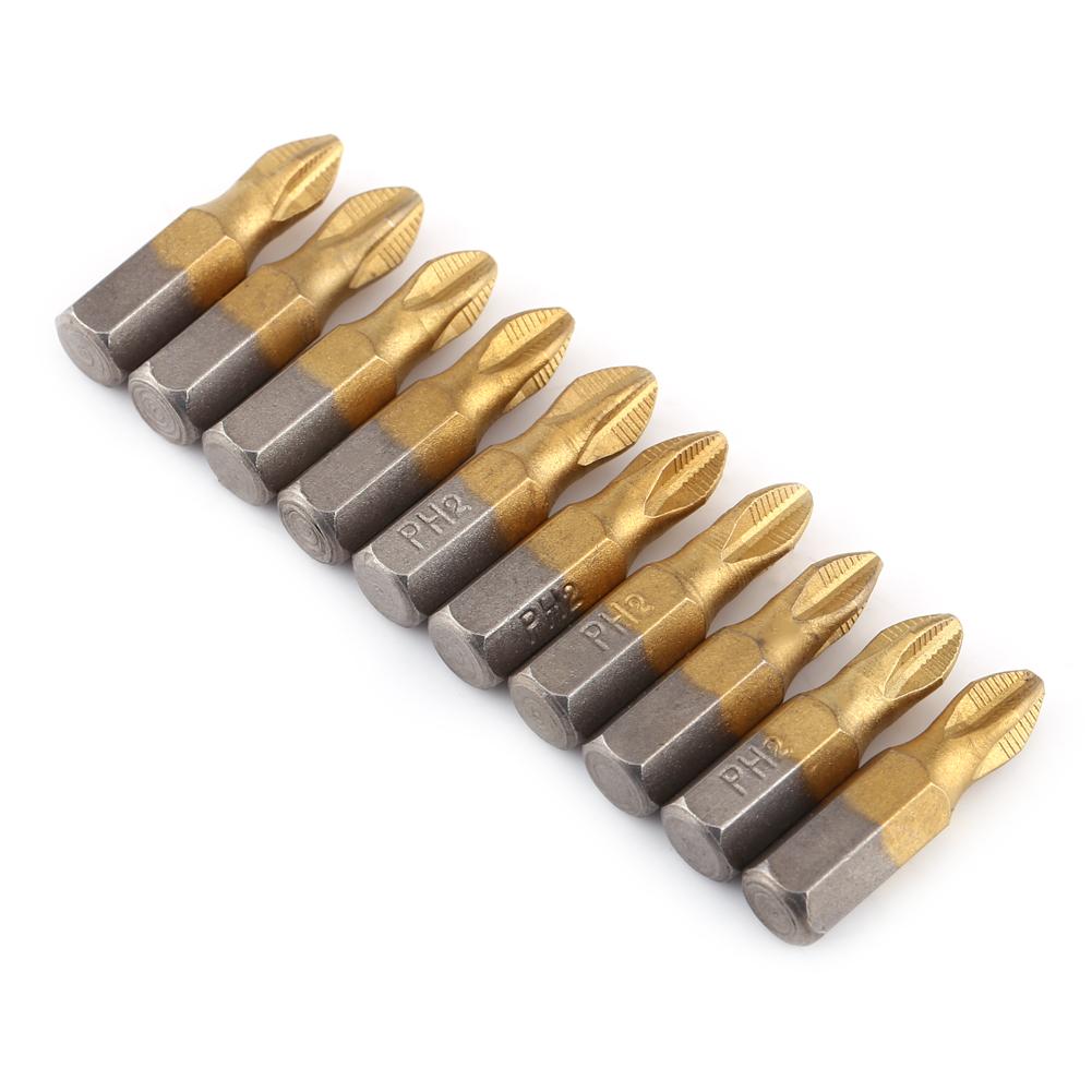 10 Pcs Titanium Coated 1 4 Hex Shank 25mm Length PH2 Antislip Magnetic S2 Screwdriver Bits Set