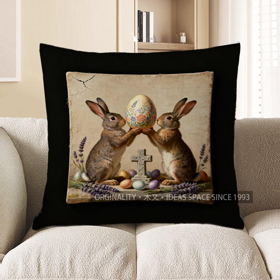 

2D Bunnies With Decorated Egg Easter Pillow Pattern Cushion Cover Suitable For Sofa Bedroom Car Pillow Cover 40x40cm
