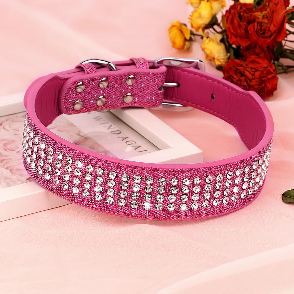 Collare per Cani in Pelle con Strass Bling Cristallo Largo per Animali Domestici 4 File Completo di Diamanti Collari per Cani Piccoli Medi Grandi Pitbull