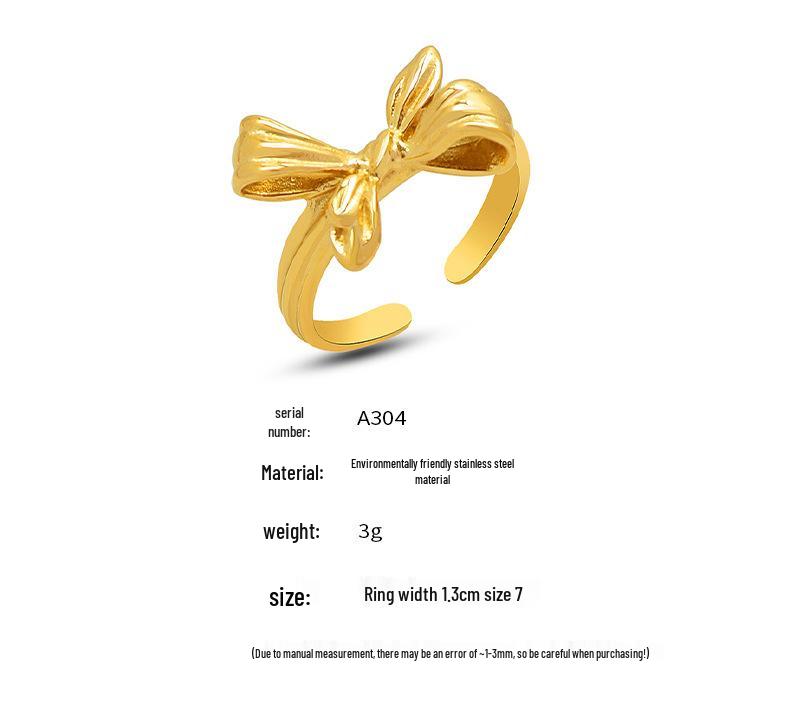 18K Gold Plated Stainless Steel Bow Ring - European American Fashion, Light Luxury, Versatile & Stylish Index Finger Ring