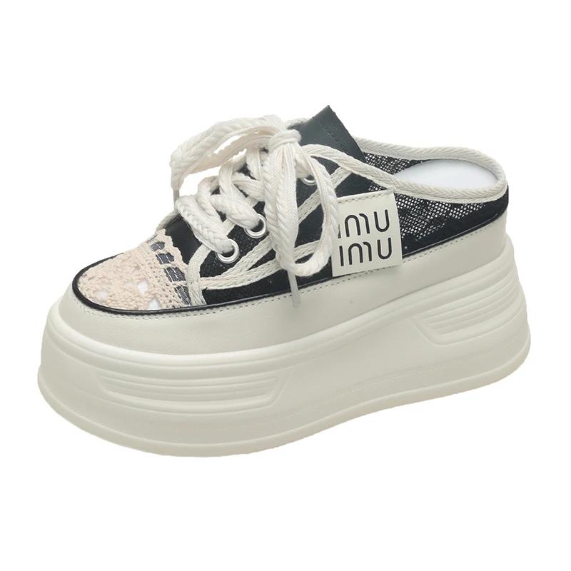 Fashion 9.5cm Increasing Height Women Slippers 2024New Summer Autumn Canvas Mules Shoes Ladies Round Toe High Wedge Platform Slides Shoe