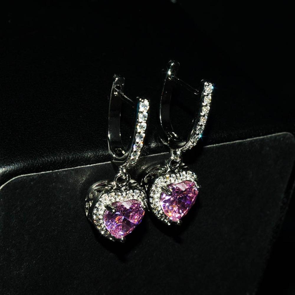 Luxury Women Jewelry Set Heart Pink Diamond Pendant Full Diamond Pink Crystal Open Ring Earrings