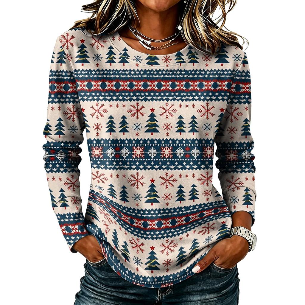 Women's Casual Christmas Print Long Sleeve Neck Top