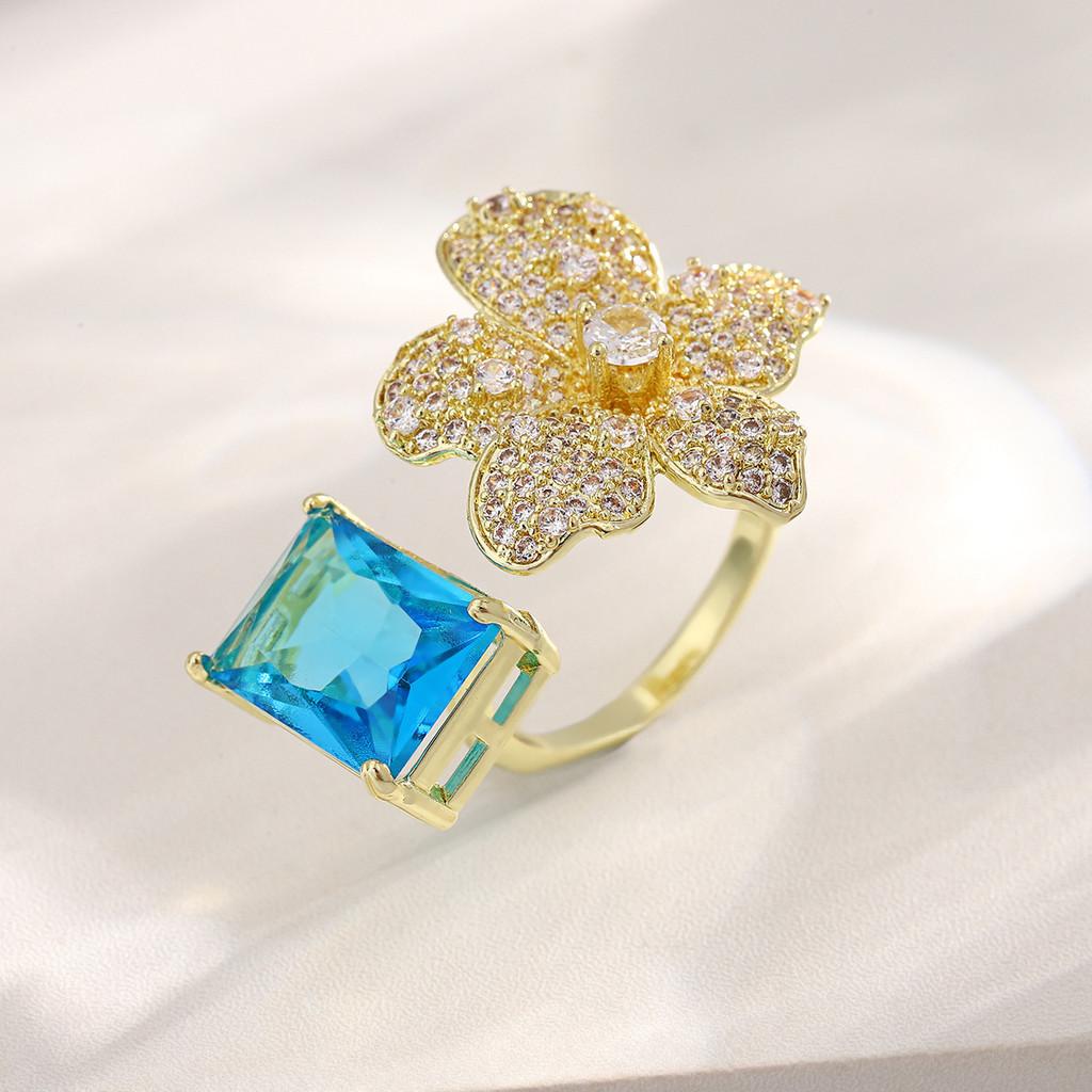 Copper Zircon Flower Open Ring For Women With Adjustable Size And Christmas Holiday Style