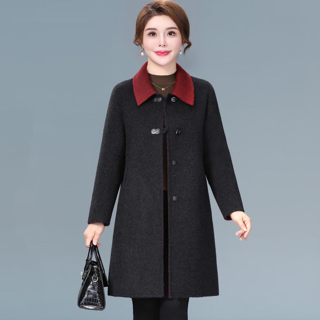 Autumn/Winter Double-Faced Cashmere Coat for Middle-Aged Women, Mid-Length Woolen Top