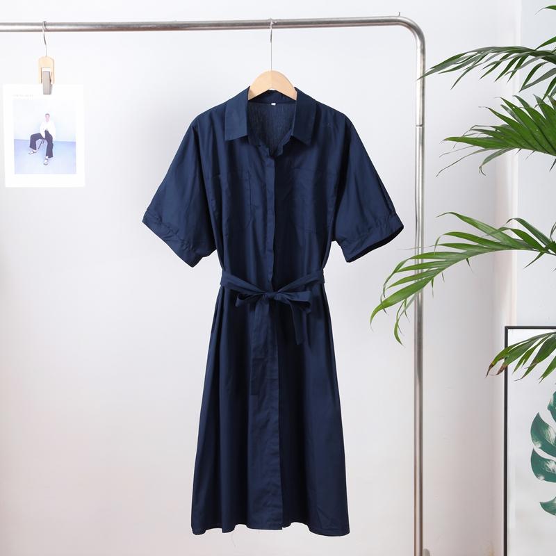 Casual Women's Lace Up Dress Single-Breasted Turn-Down Collar Short Sleeve Lady Dresses Loose Female Robe