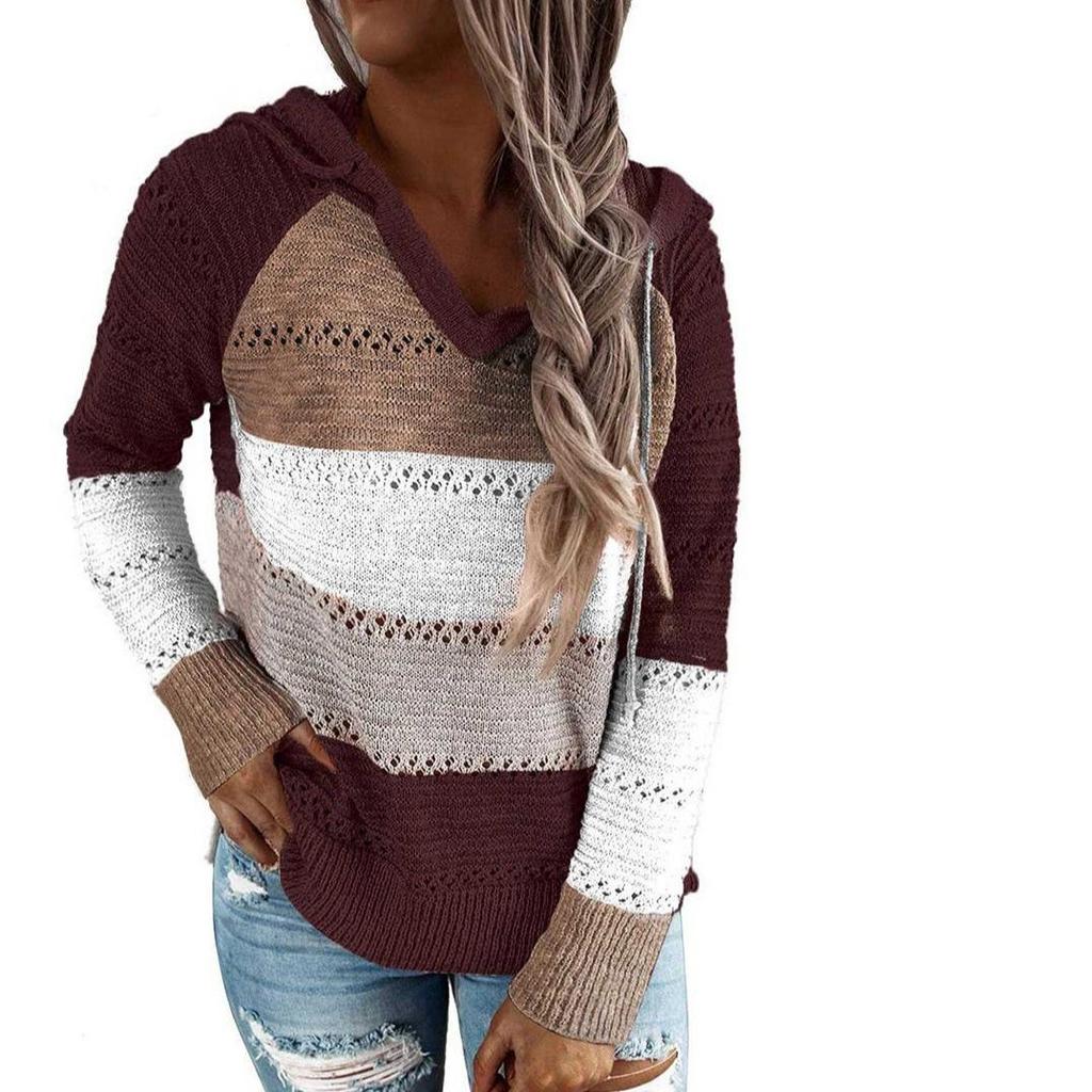 Women's Casual Striped V-Neck Hollow Long Sleeve Hooded Sweater