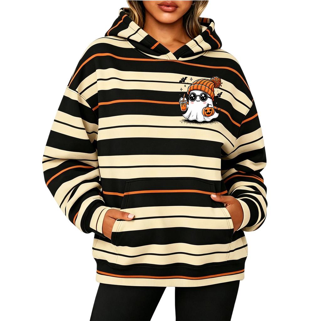 Women's Long Sleeve Striped Print Pullover Hoodie Sweatshirt with Pockets for Halloween
