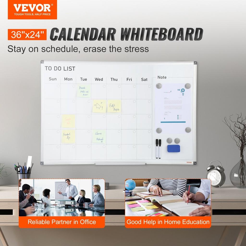 Calendar Whiteboard, 36 x 24 Inches Magnetic Dry Erase Calendar Board, Monthly Planner Whiteboard for Wall, 1 Magnetic Erase & 2 Dry Erase Marker &