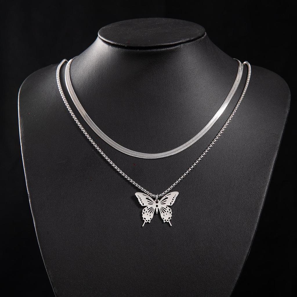 Unisex Gothic Insect Butterfly Pendant Double Layer Necklace - Non-fading Hip Hop Sweater Chain for Autumn and Winter