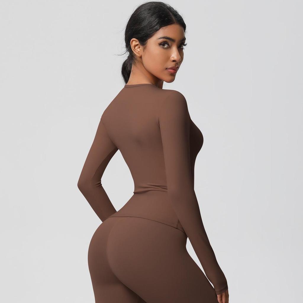 European-American Slim Fit Long Sleeve Yoga Top - Nude, Brushed Feel, Round Neck, High-Intensity Running & Fitness Wear