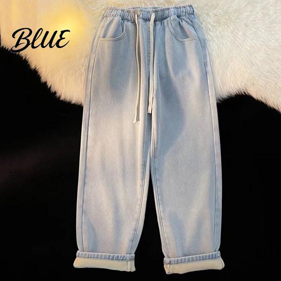 Solid Color Jeans Pants Loose Waist Adjustable Mid-rise Elastic Women Winter Drawstring Sport Fit