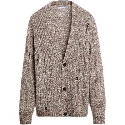 Loose Fit Distressed Cardigan Long Sleeve V Neck Melange Sweater Men Sweater Brown Dark-Gray 04938310-35