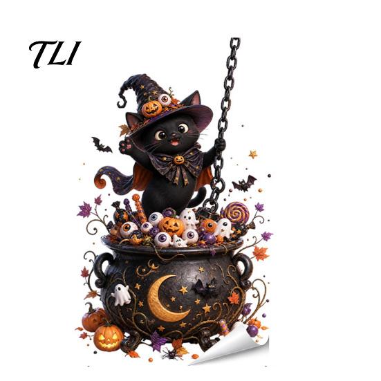 Easy Peel Stick Wall Decals Halloween Window Stickers, Cartoon Ghost Black Cat Pumpkin Static Glass Indoor Scene Setup Waterproof for Shop Home Party
