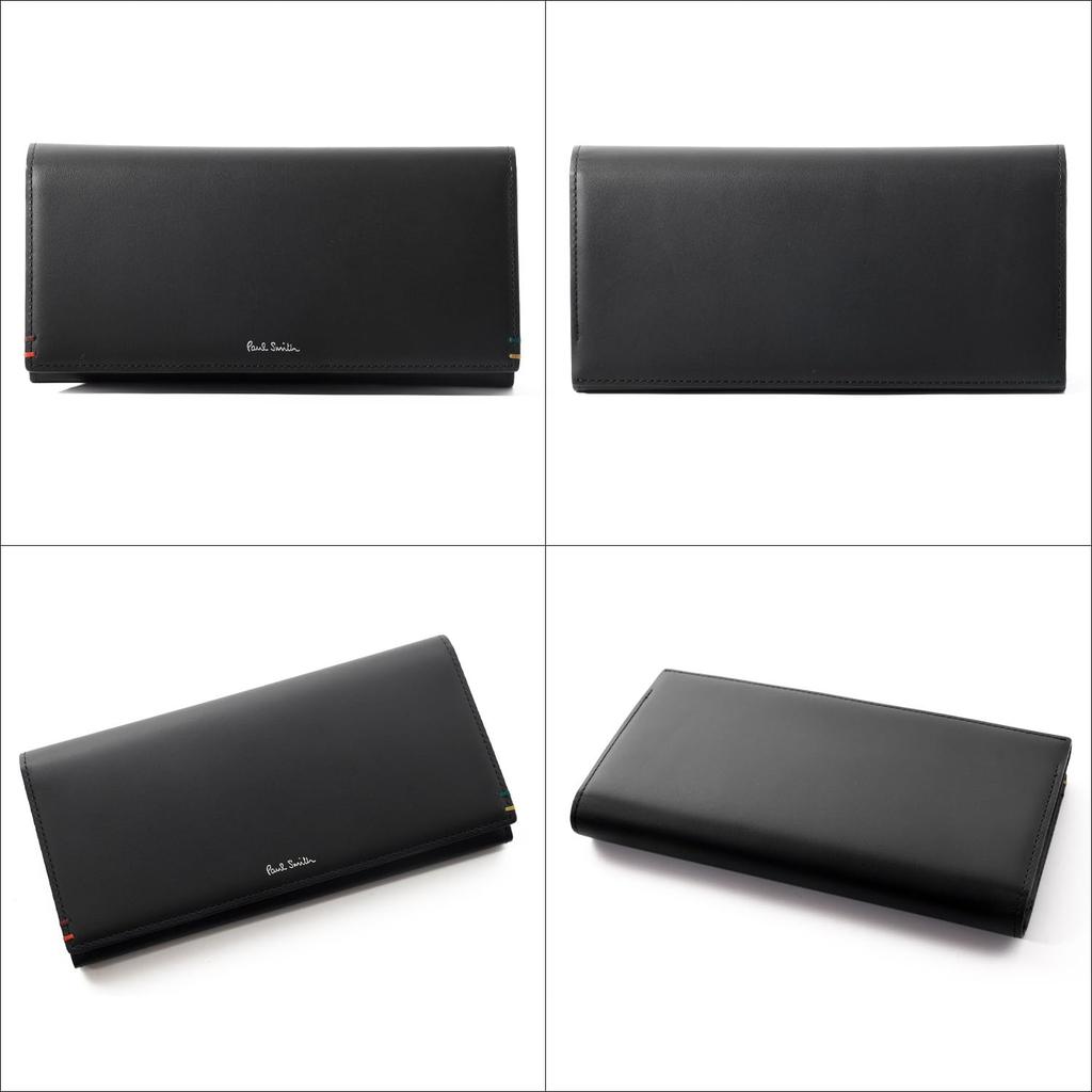 Paul Smith Highlight Stitch SS24 Long Wallet with Leather Cover and Coin Purse, Cowhide Leather, 813006 P855 (No Name Engraving, Black) [Gift