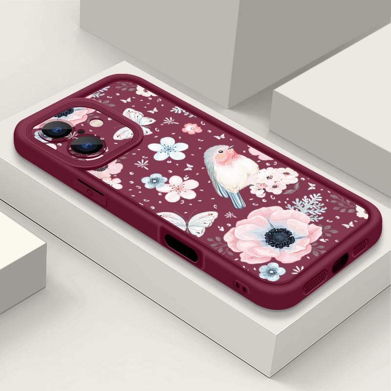 

Чехол для телефона с цветочным узором для iPhone 16 Pro Max 16e 15 14 13 12 11 XR XS 8 7 Ударопрочный Мягкий ТПУ Силиконовый Чехол Fundas iPhone 8 / 7 / SE 2 / SE 3 вино красного