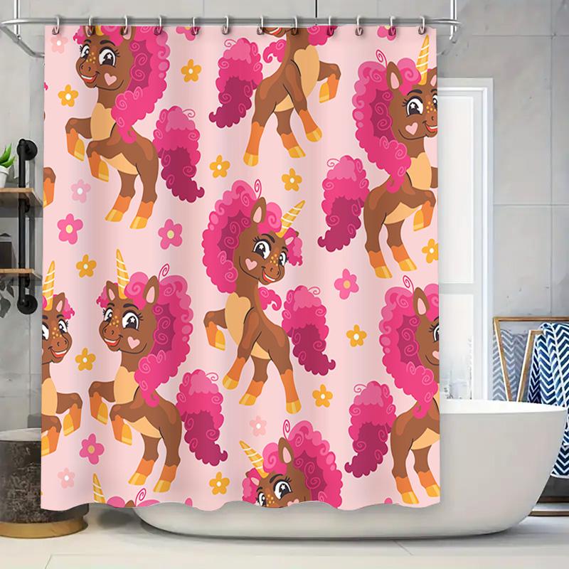 

Cute Unicorn Shower Curtain With Pink Flowers For Bathroom Decor Cartoon Unicorns Bath Mat Printing Waterproof Fabric For Kids B W60H190(CM)-1 Pcs