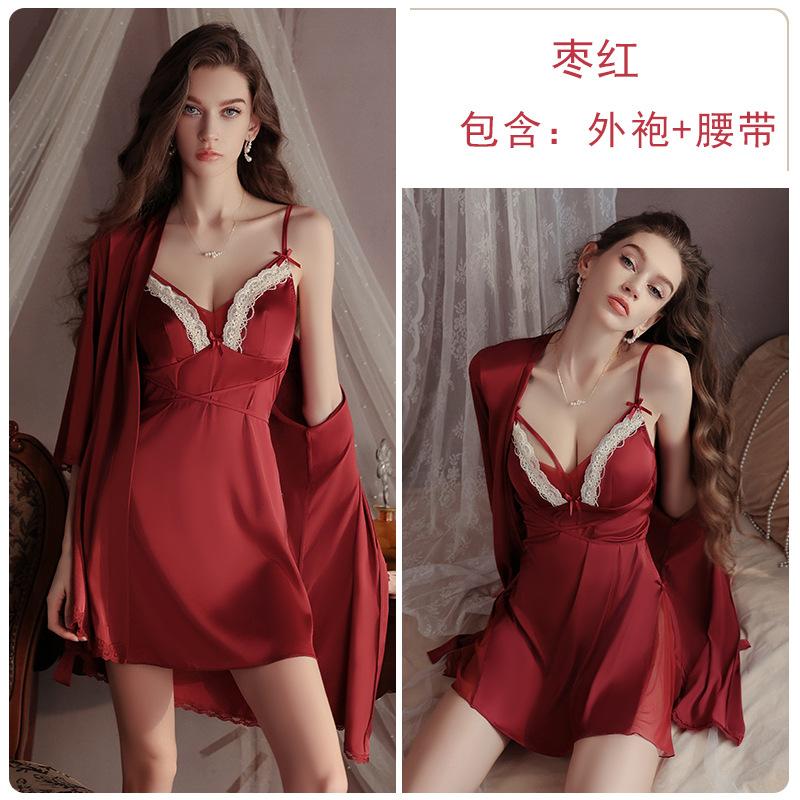 Women's Satin Deep V Padded Sleep Dress with Open Front Robe Lounge Set