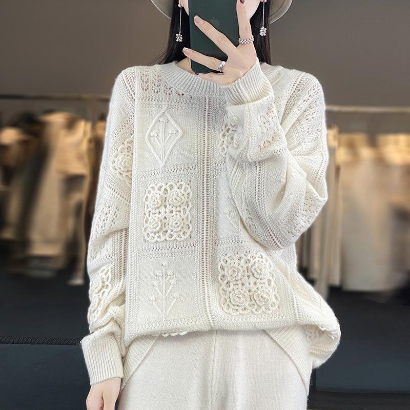 2025 Autumn/Winter Women's Loose Crochet Sweater, 100% Australian Wool, Low Round Neck, Trendy Korean Lazy Style