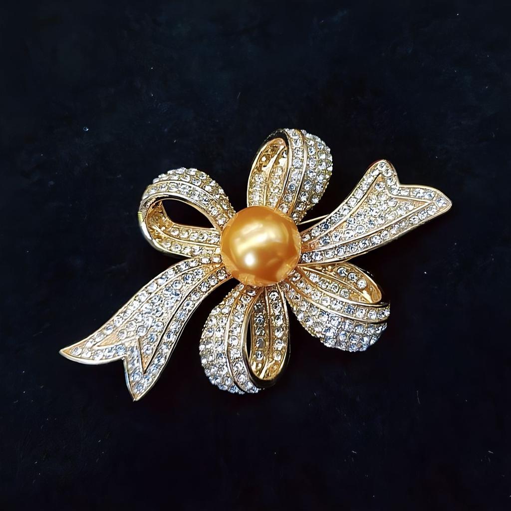 Full Diamond Bow Brooch, Elegant and Feminine Pearl Brooch, Light Luxury and High-end Design Sense Brooch