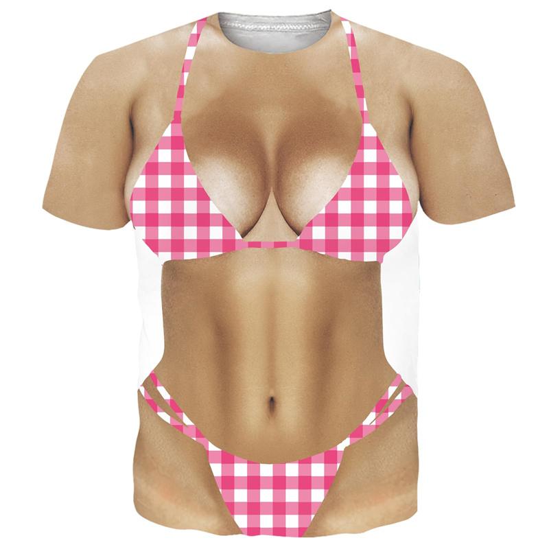 Men's Bikini Printed Fun T-shirt, Fake ABS Muscle 3D Printed Short Sleeved T-shirt, Cosplay Women's Clothing, Novelty T-shirt