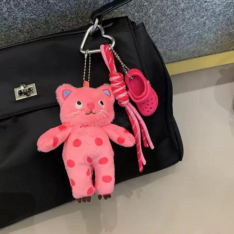 Kawaii Polka Dot Kitten Plush Keychain Cute Cartoon Cat Keyring Bag Pendant Backpack Hanging Decoration Key Accessories