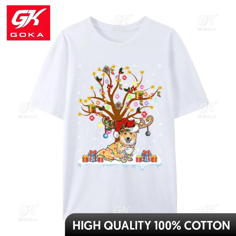 Corgi Dog Lover Xmas Santa Hat Lighting Corgi Christmas TShirt Cotton Tee Top Retro Vintage Tshirt Unisex Crewneck Camisas