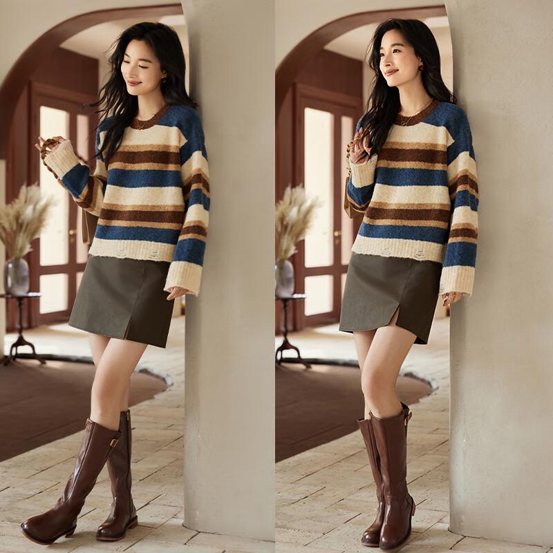 VICTORIA&VERA Women's Striped Loose-Fit Knit Sweater